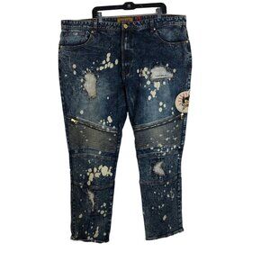 MAKOBI 46 x 30 Mens Jeans Destroyed Dark Wash  M1756 Moto Ripped Zipper Bleached